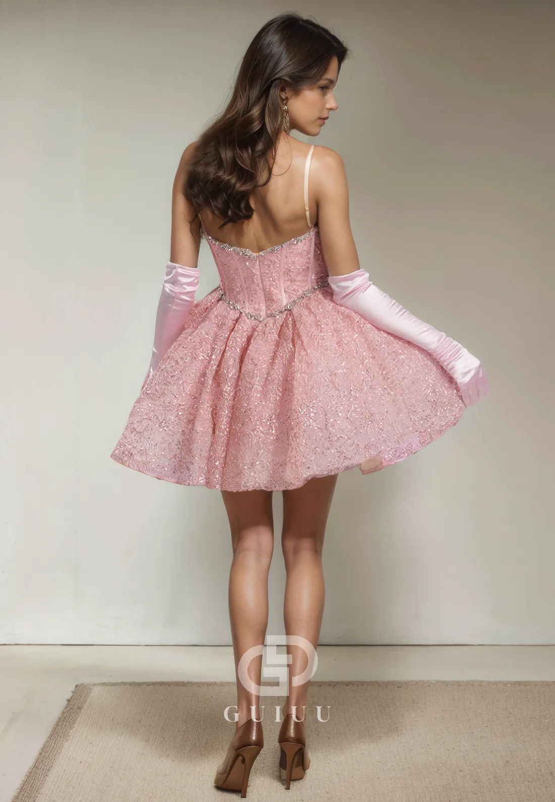 A-Line Strapless Sleeveless Pleated Fully Sequins Homecoming Dress with Gloves