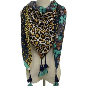 Blue Leopard & Floral Square Scarf