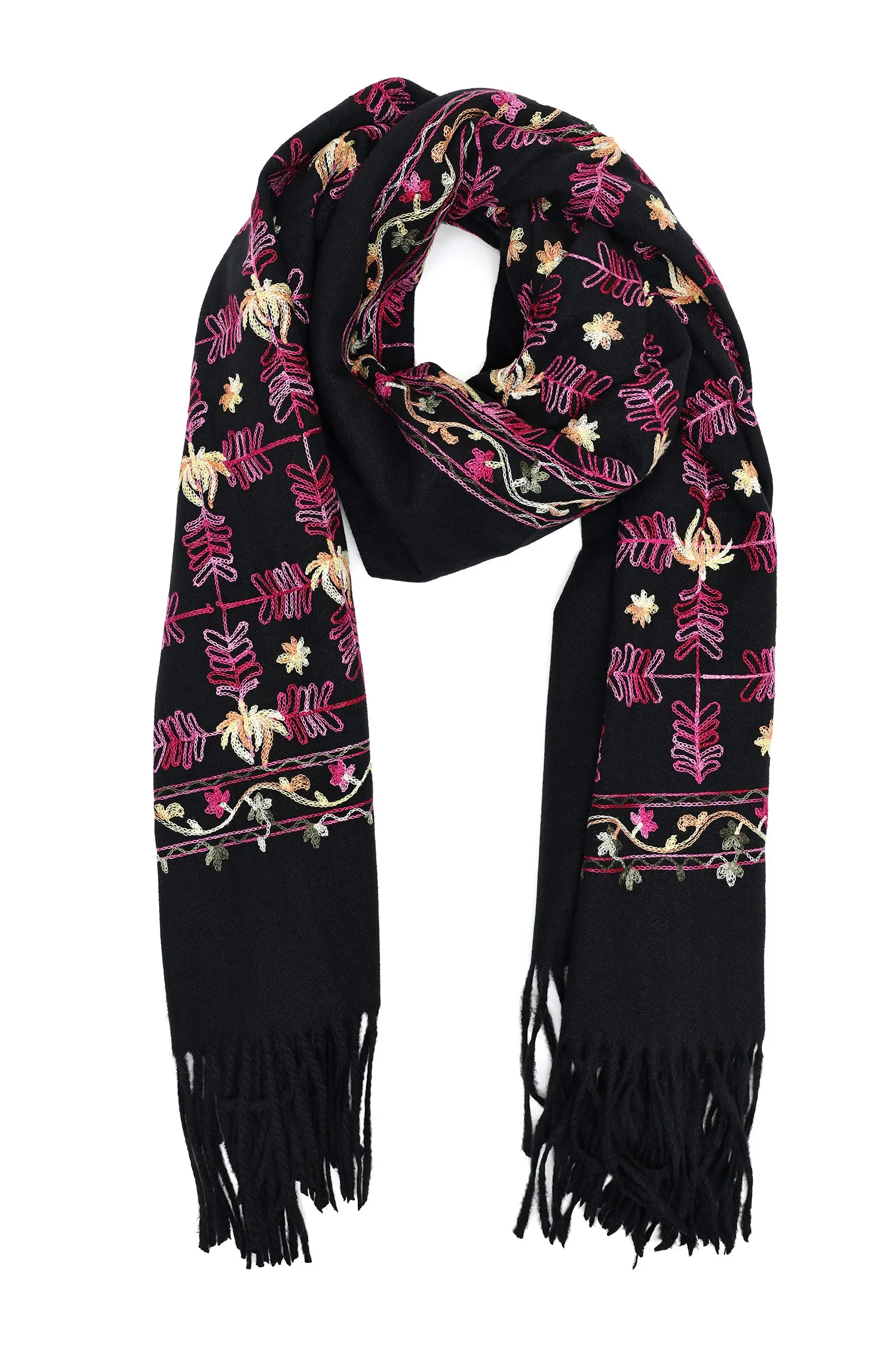 FLORAL EMBROIDERY FRINGE SCARF