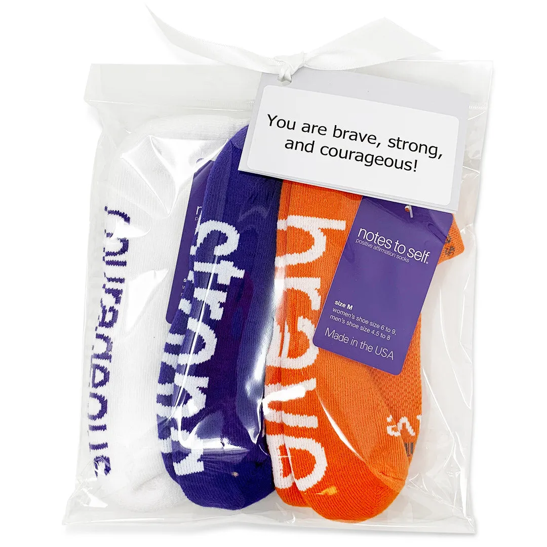 For One Who is Brave, Strong & Courageous, 3 pairs of socks in gift bag