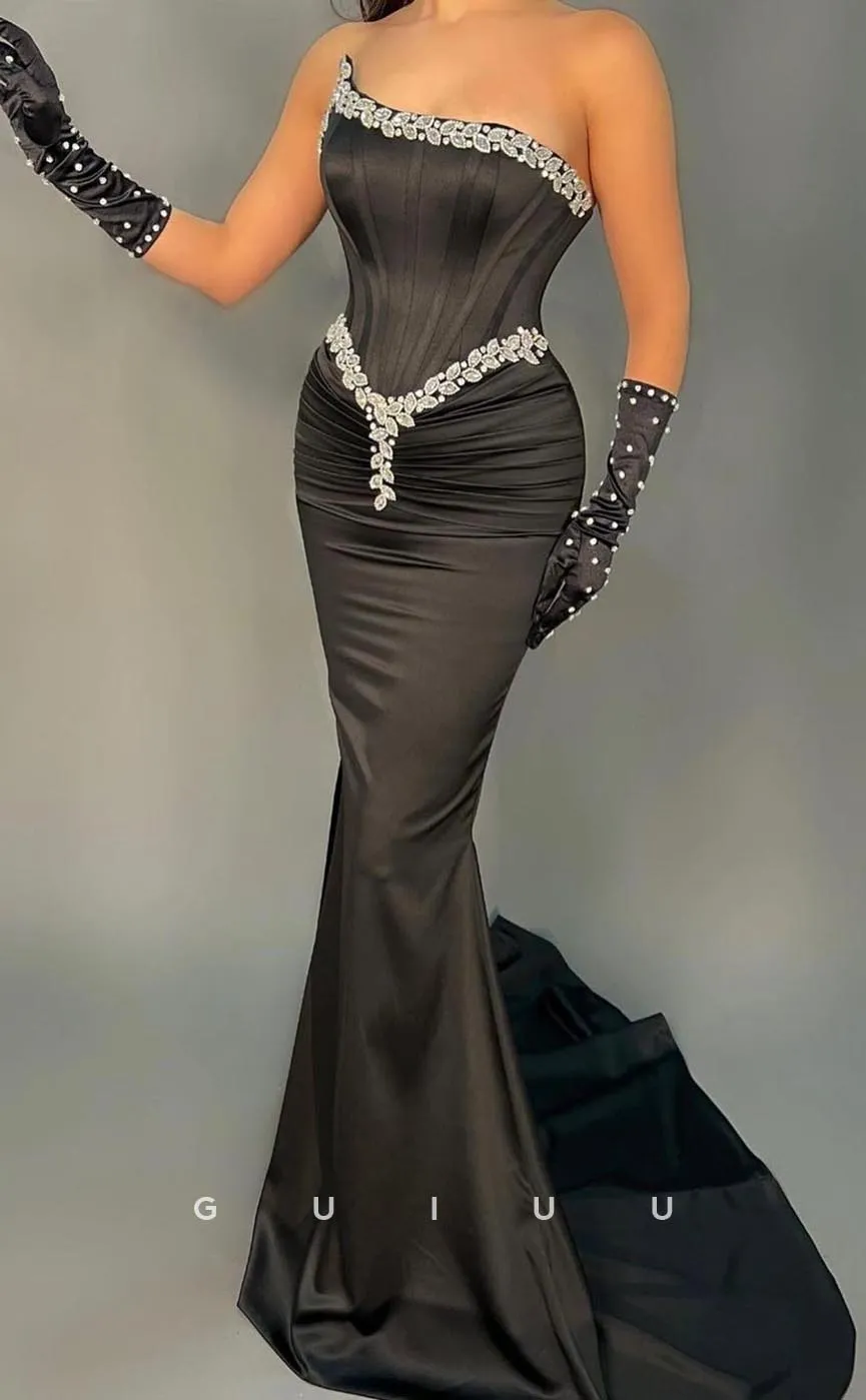 G3736 - Sexy & Hot Sheath Asymmetrical Draped and Beaded Floor-Length Party Gown Prom Dress with Gloves and Sweep Train