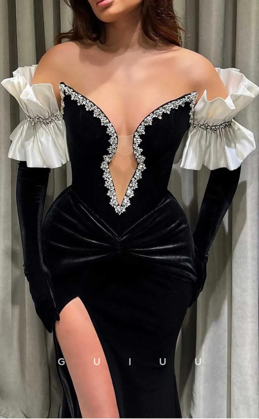 G3963 - Sexy & Hot Sheath V-Neck Off Shoulder Beaded and Draped Party Gown Prom Dress with High Side Slit and Long Gloves