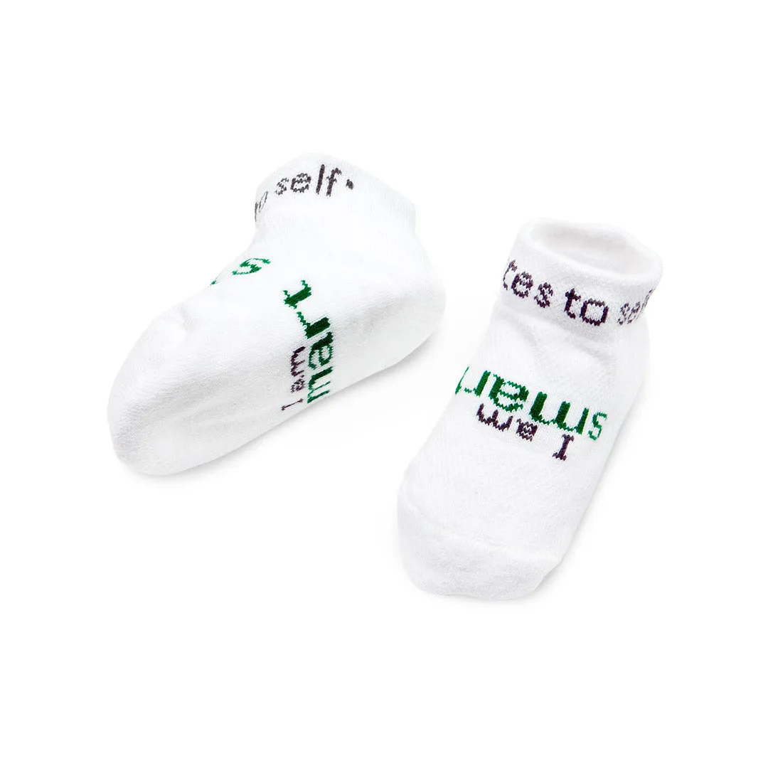 I am smart white baby socks with green words (3-12 mo)