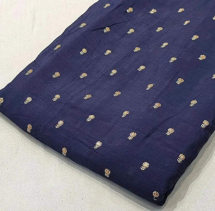 Navy Blue Floral Butti Embroidered Viscose Chinon Chiffon Fabric (Wholesale)