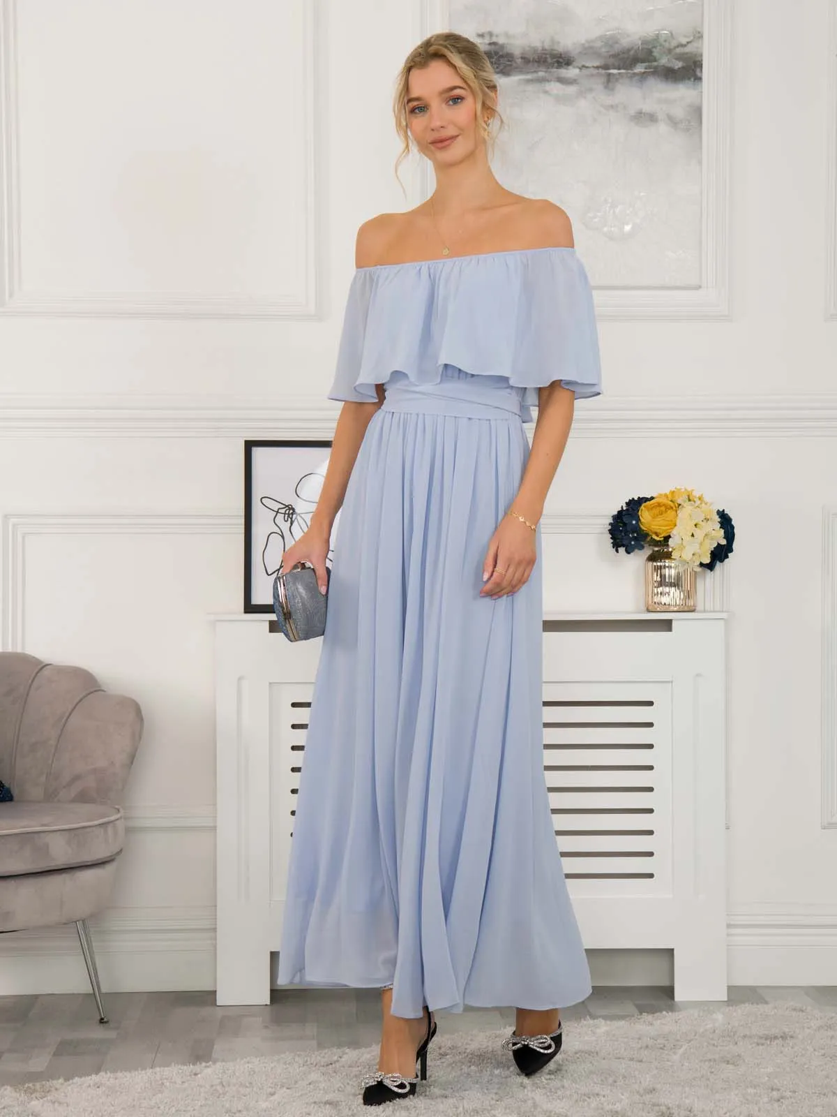 Off Shoulder Maxi Chiffon Dress, Light Blue