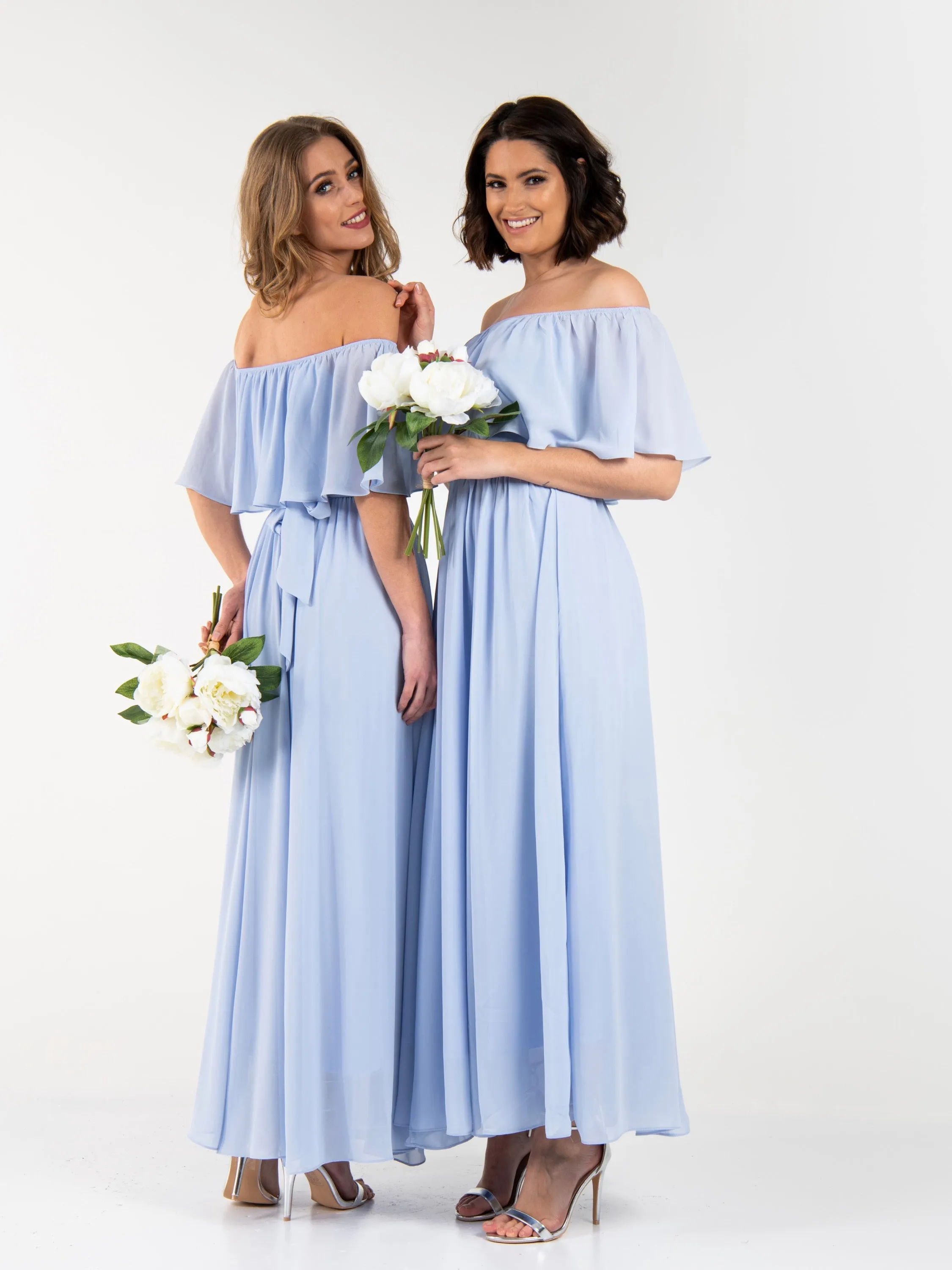 Off Shoulder Maxi Chiffon Dress, Light Blue