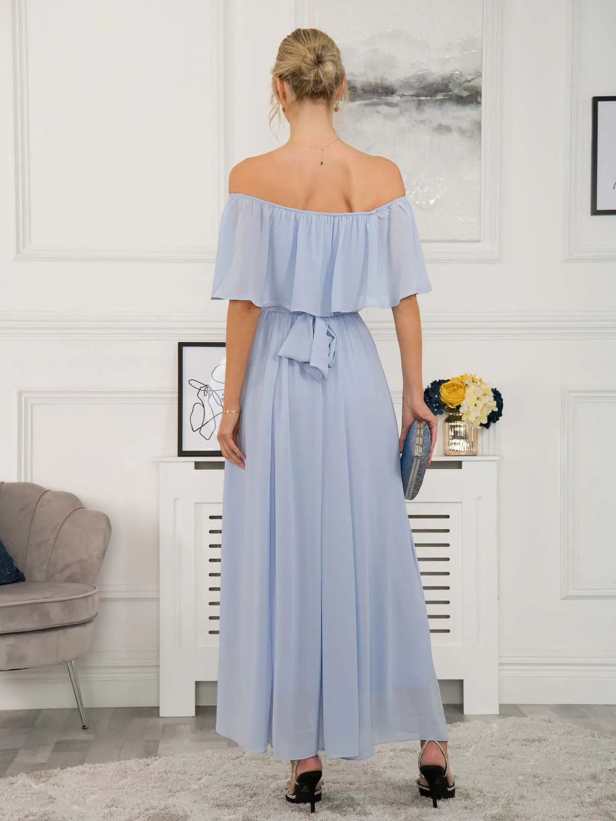 Off Shoulder Maxi Chiffon Dress, Light Blue