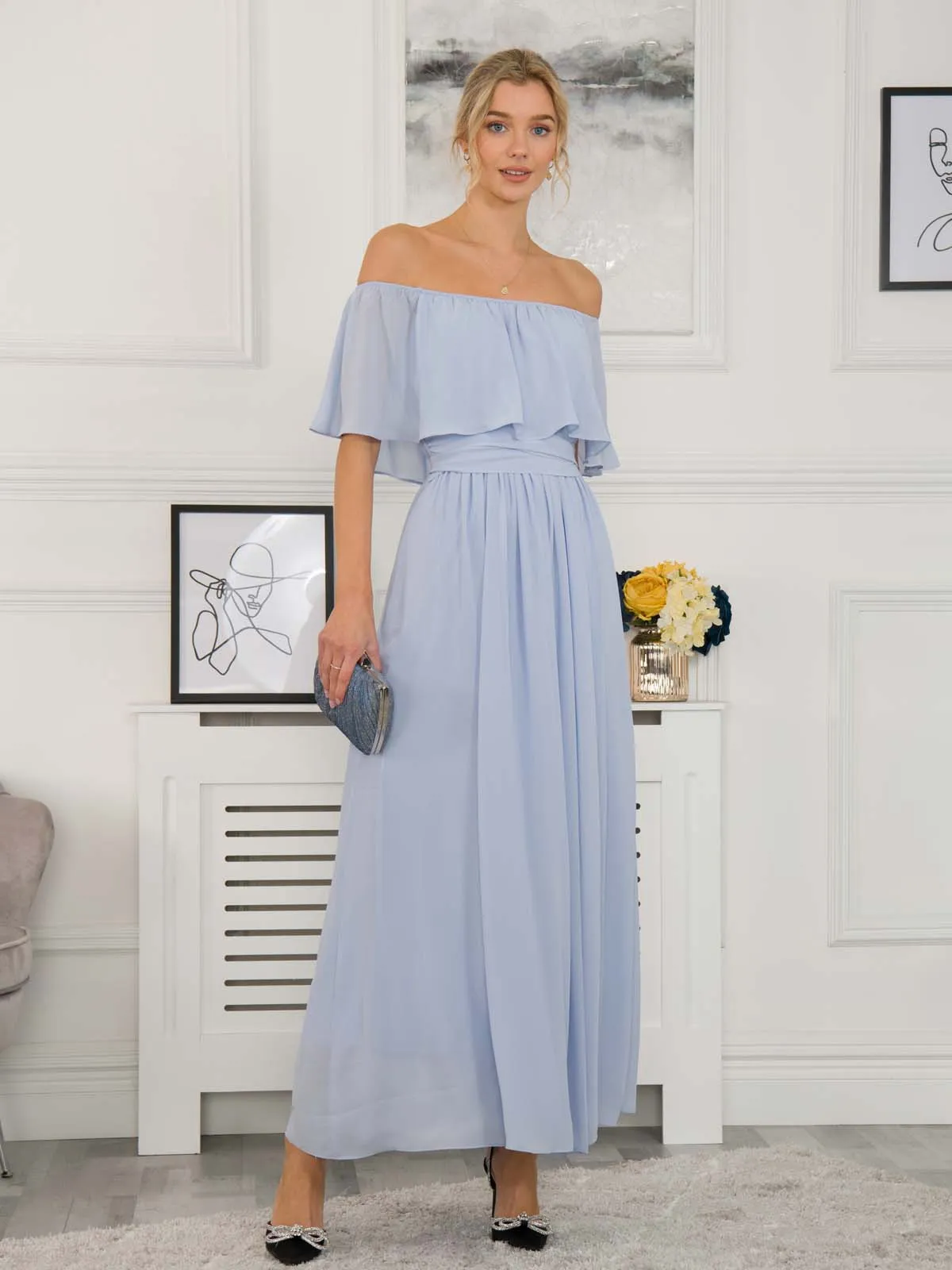 Off Shoulder Maxi Chiffon Dress, Light Blue