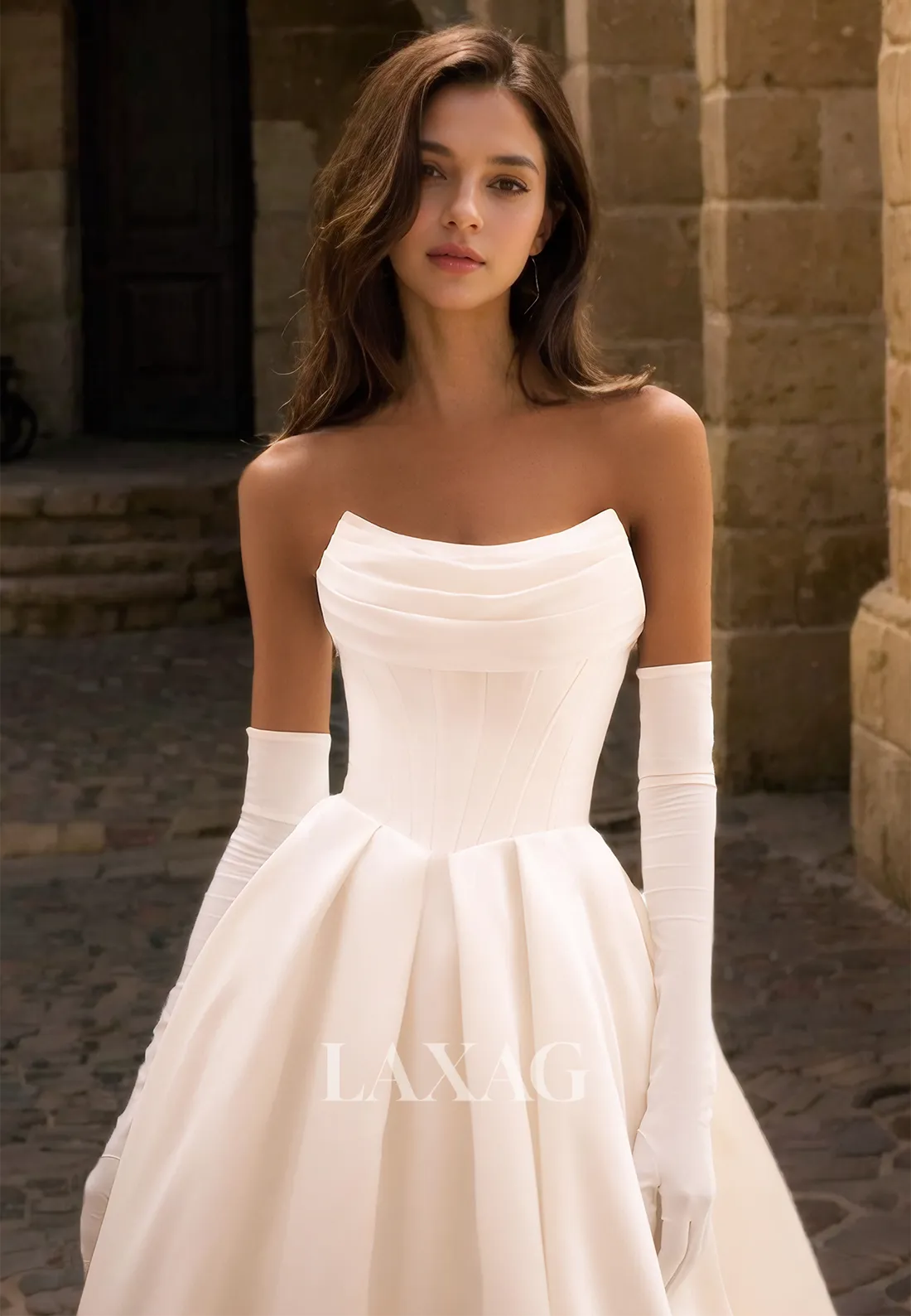 Pleated Scoop-Neck Satin A-Line Bride Gowns Off-Shoulder Train Wedding Dress with Gloves