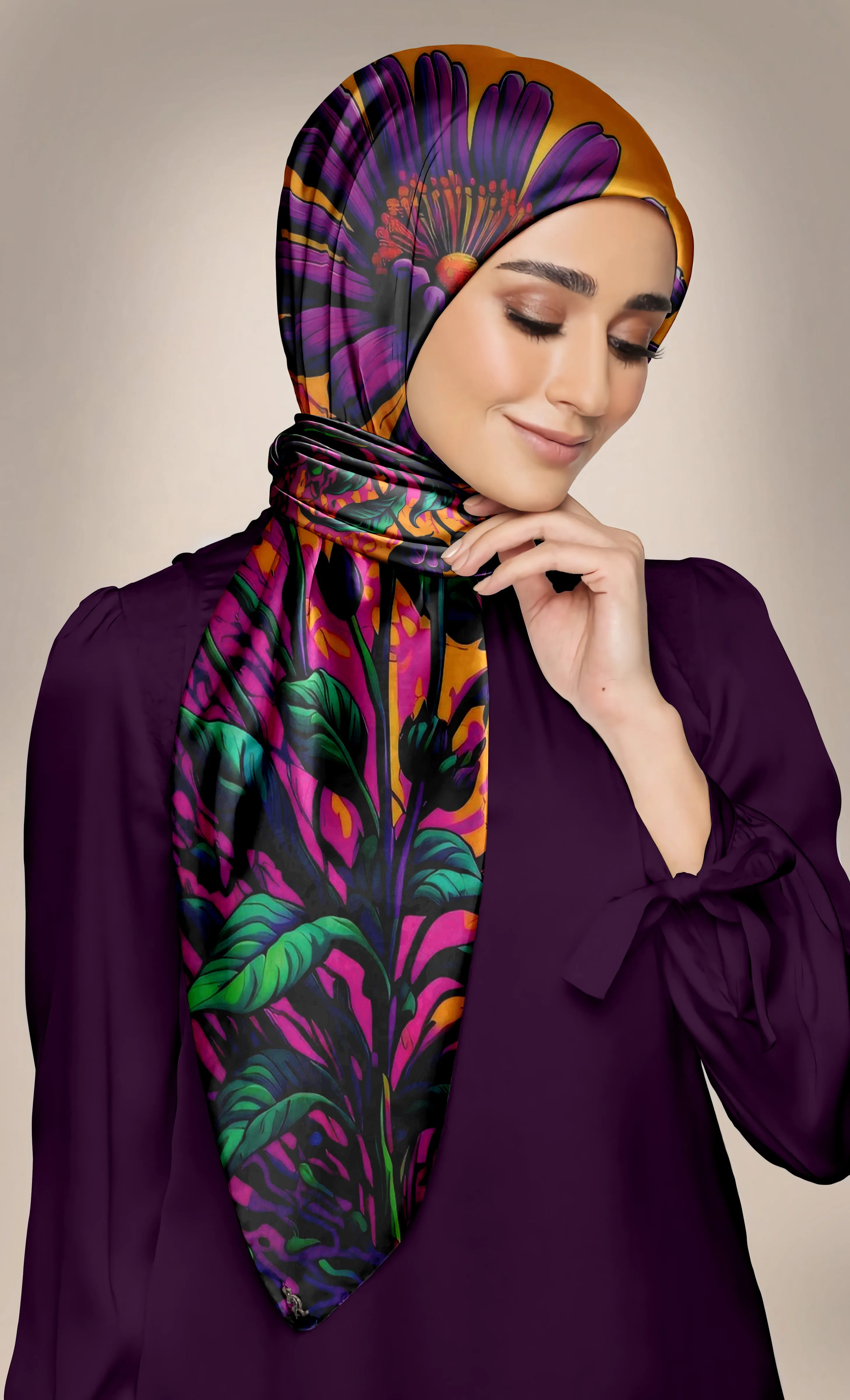 PREMIUM LUXURY PRINTED WOMEN HIJAB SCARF DUPATTA - YELLOW & PURPLE FLORAL