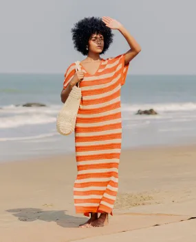 Rareism Women Haraya Orange Cotton Fabric Short Sleeves V-Neck Extended Sleeve Relaxed Fit Striped Midi Dress