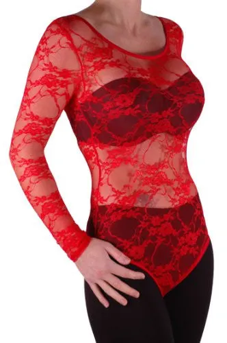 Scoop Neck Long Sleeve Floral Lace Leotard