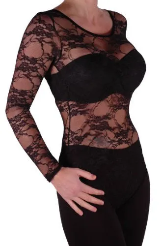 Scoop Neck Long Sleeve Floral Lace Leotard