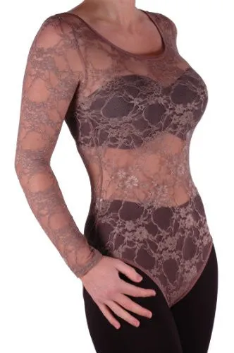 Scoop Neck Long Sleeve Floral Lace Leotard