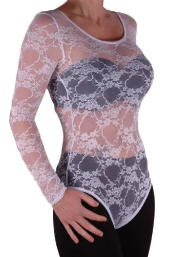 Scoop Neck Long Sleeve Floral Lace Leotard