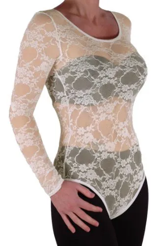 Scoop Neck Long Sleeve Floral Lace Leotard