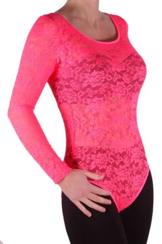 Scoop Neck Long Sleeve Floral Lace Leotard