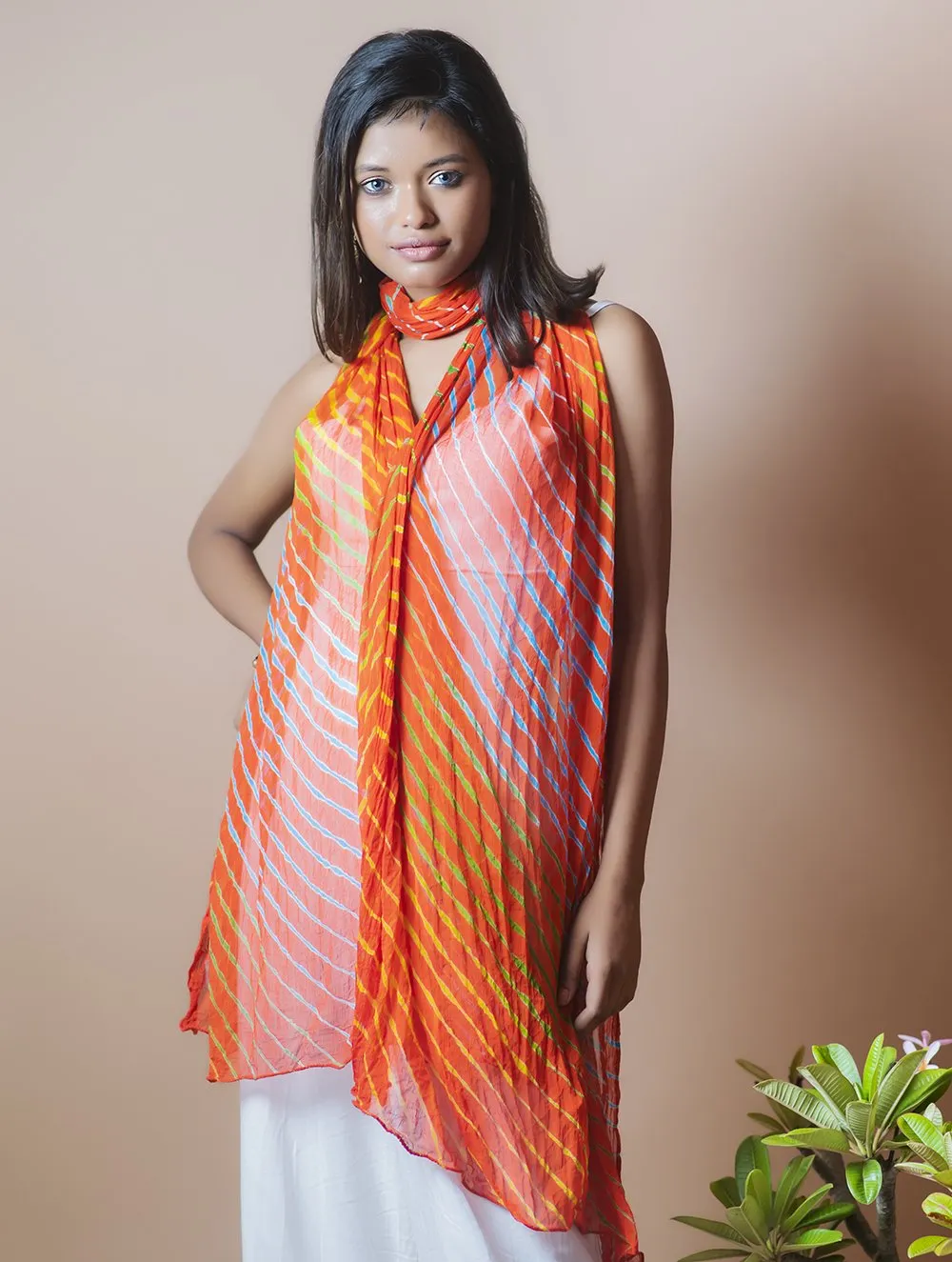 Vibrant Leheriya Georgette Stole - Deep Orange