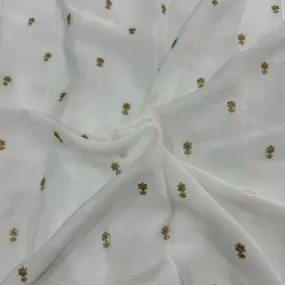 White & Golden Motifs Butti Dyeable Embroidered Viscose Chinon Chiffon Fabric (Wholesale)