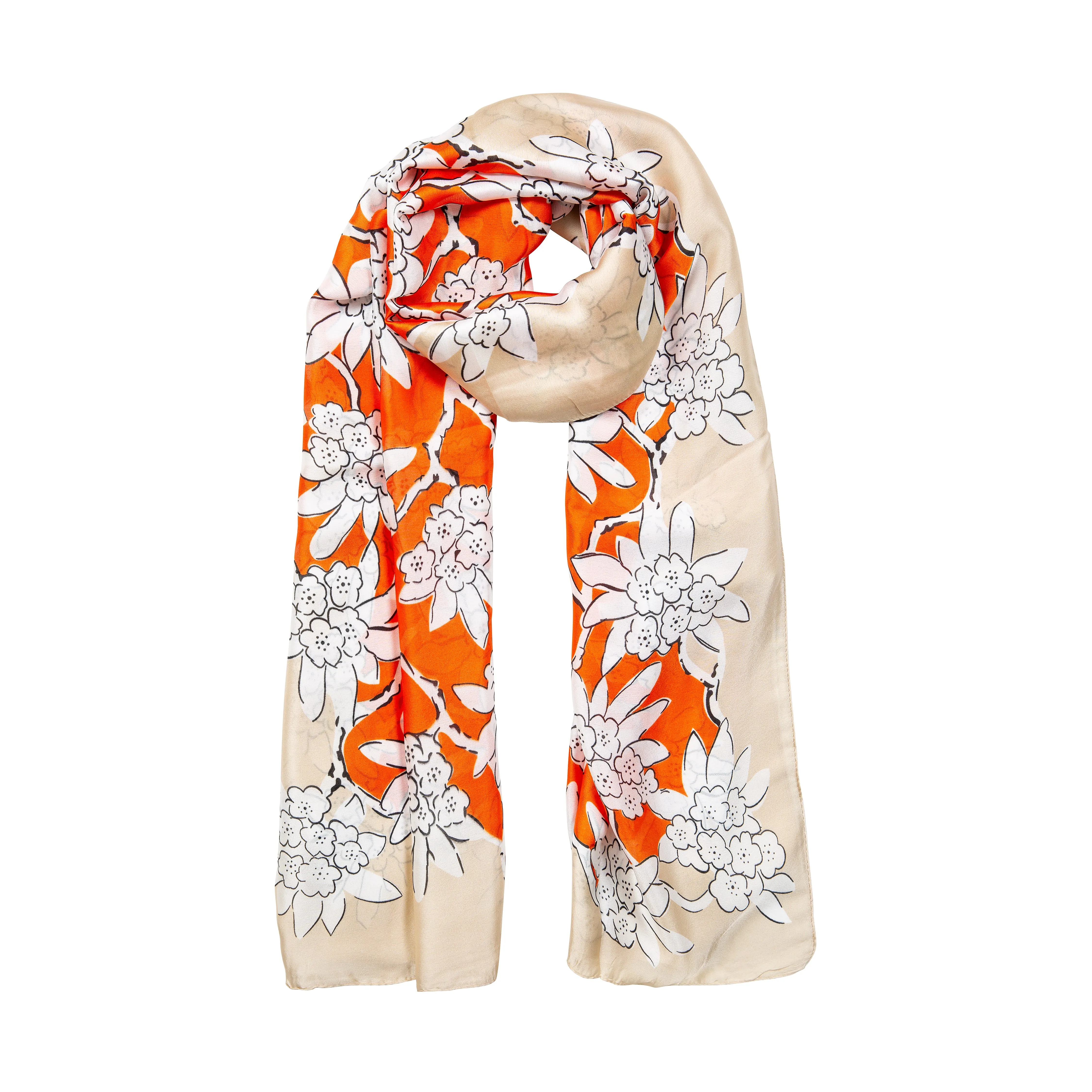 Women’s Floral Print Silk-Like Lightweight Scarf with Border